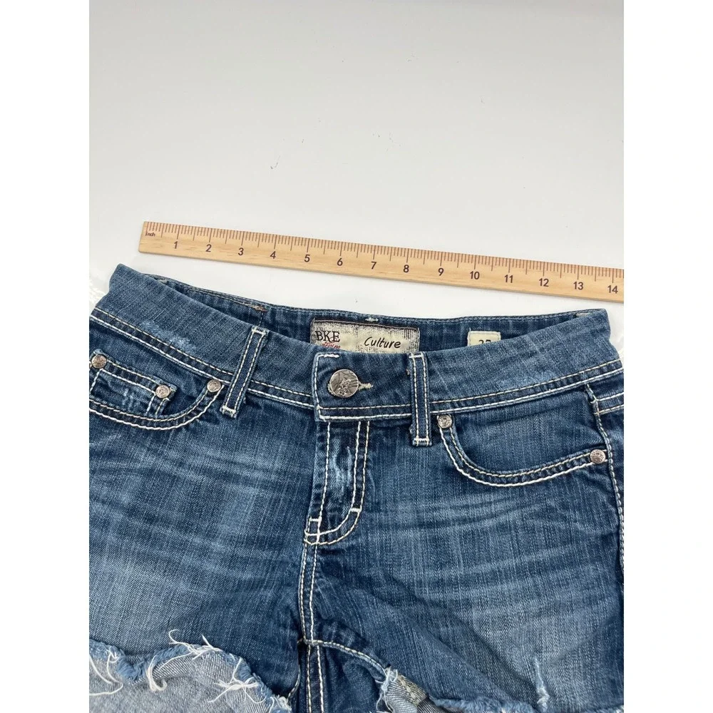 BKE Denim Culture Womens Shorts Size 27 Dark Wash Raw Hem Low Rise Stitch
